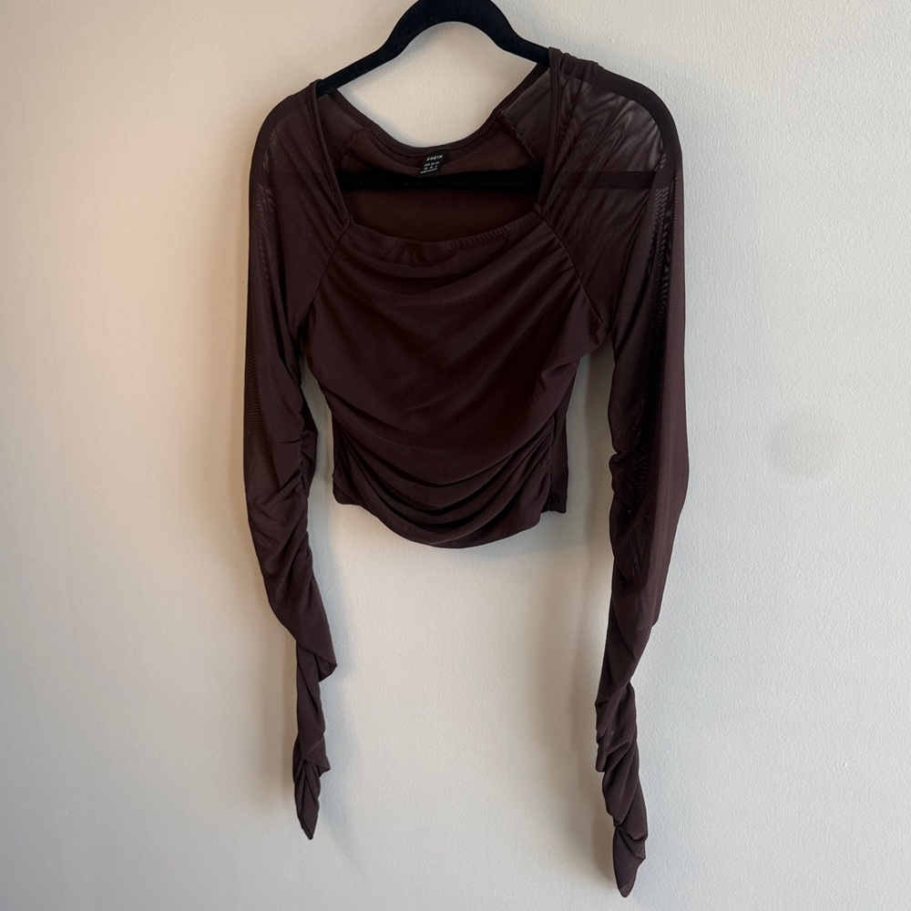 Women’s Long Sleeve Brown Ruched Crop Top | SHEIN |